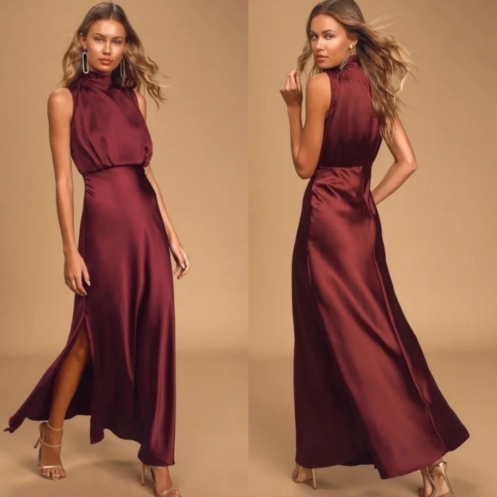 Lulus Classic Elegance Wine Satin Sleeveless Mock Neck Maxi Dress Wedding Party